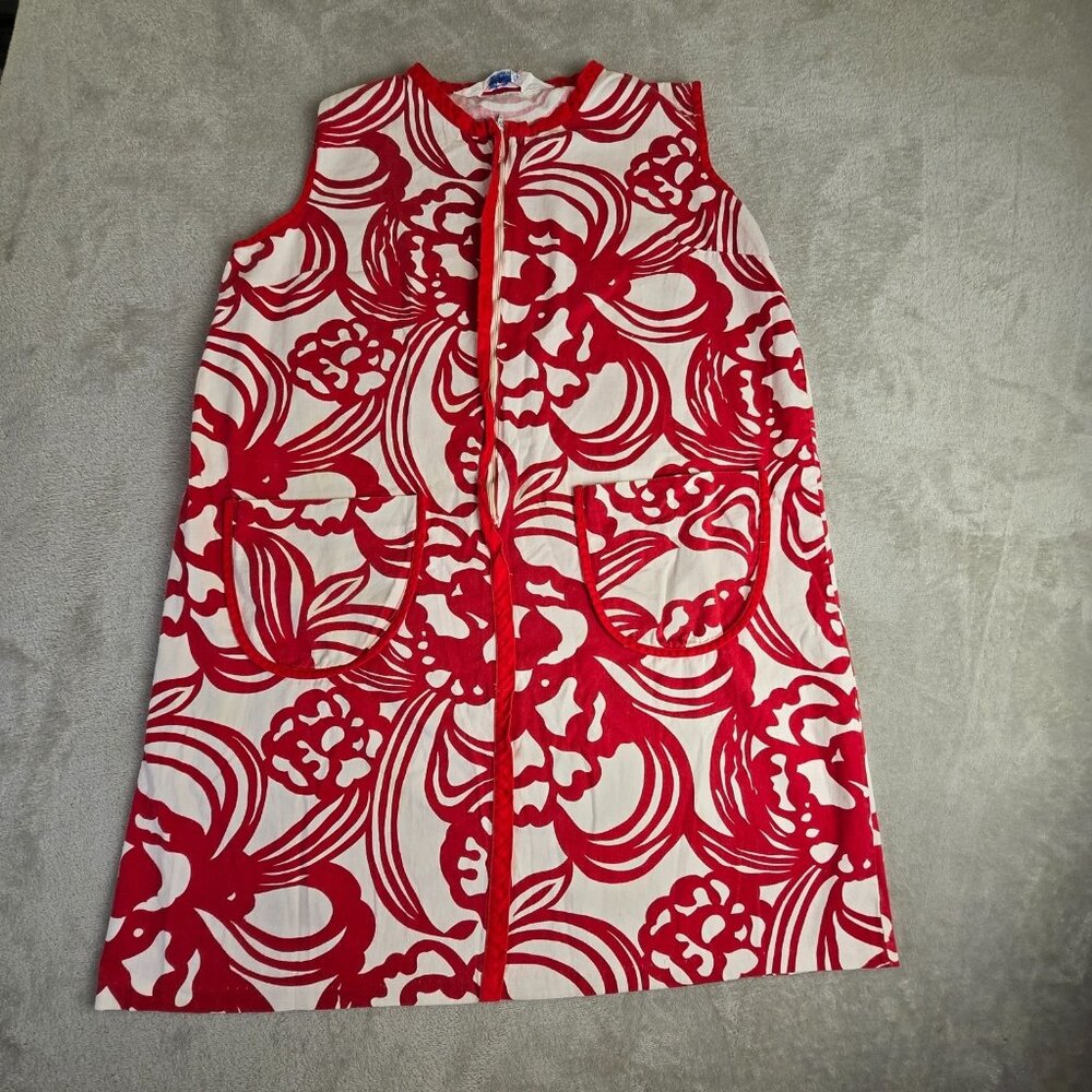 Vintage Zip Front House Dress Size 42 Red White Floral Time Off Loungewear 70s - Picture 5 of 16